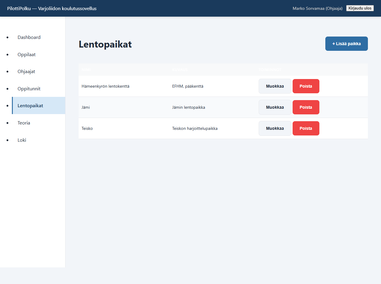 Kuva 7. Lentopaikat-näkymä.